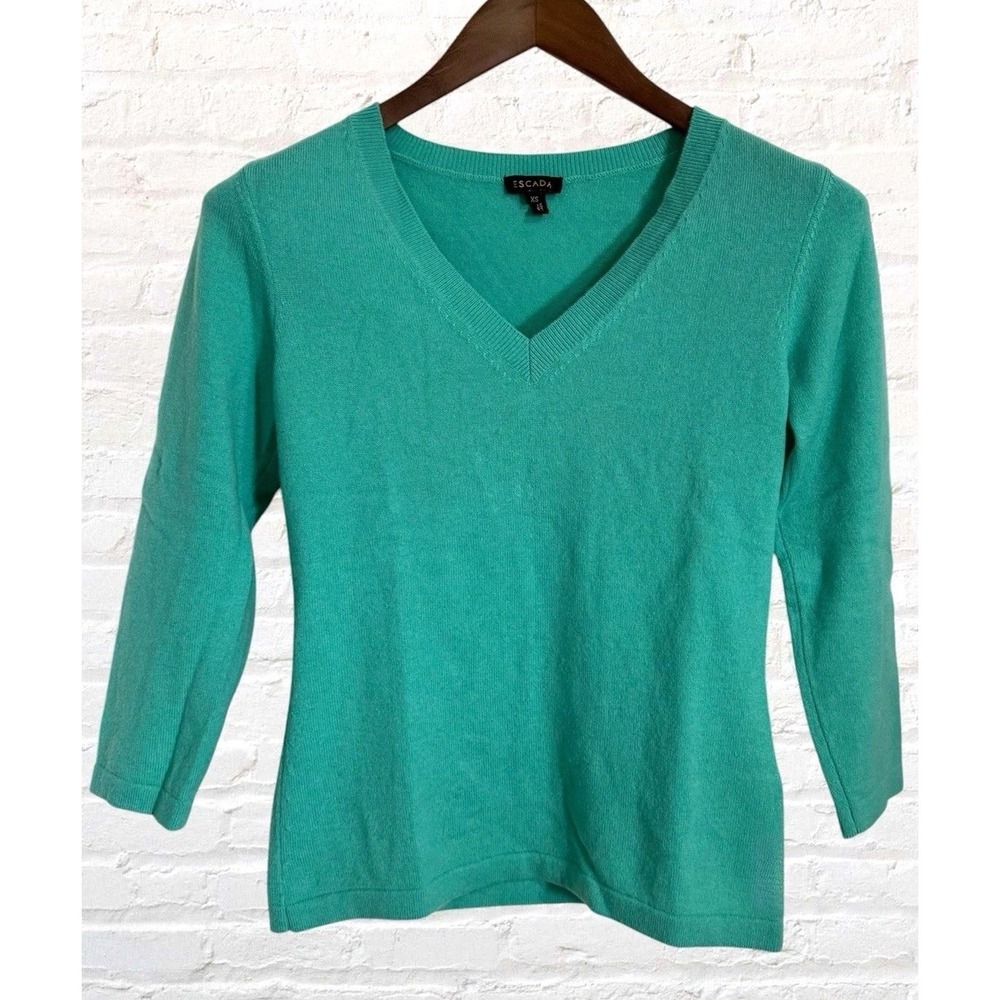 Escada Sweater Womens XS Cashmere Classic Preppy V-Neck Mint Green Lightweight